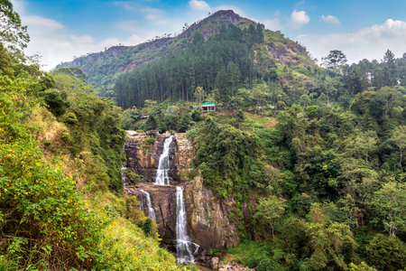 Ramboda waterfall in a summer day in Sri Lankaの写真素材