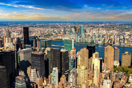 Panoramic aerial view of Manhattan at sunset in New York City, NY, USAのeditorial素材