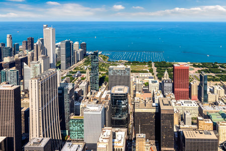 Panoramic aerial cityscape of Chicago and Lake Michigan in a sunny day, Illinois, USAのeditorial素材