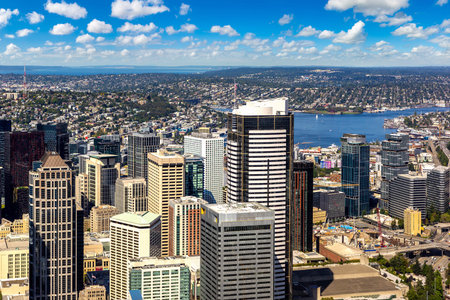 Panoramic aerial view of Seattle business district in a sunny day in Seattle, USAのeditorial素材