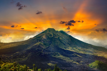 Panoramic view of volcano Batur on Bali, Indonesia in a sunny dayの写真素材