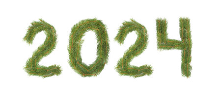 2024 number written by christmas tree branches isolated on a white background