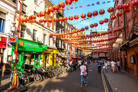 LONDON, UK - SEPTEMBER 7, 2023: China Town is decorated by chinese lanterns in London at sunset, England, UKのeditorial素材