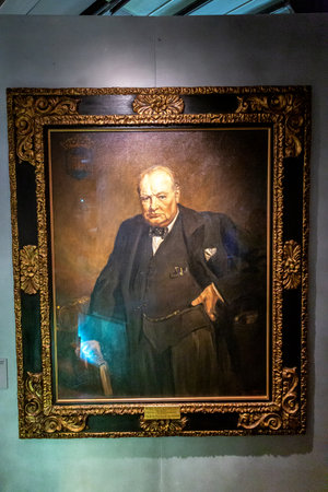 LONDON, UK - SEPTEMBER 8, 2023: Sir Winston Churchill painting hanging on the wall in Churchill War Rooms of the Imperial War Museum in London, England, UKのeditorial素材