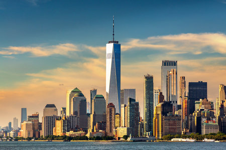 Panoramic view of Manhattan cityscape in New York City at sunset, NY, USAの写真素材