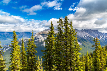 Panoramic aerial view of  Bow Valley in Banff national park, Canadian Rockiesの写真素材