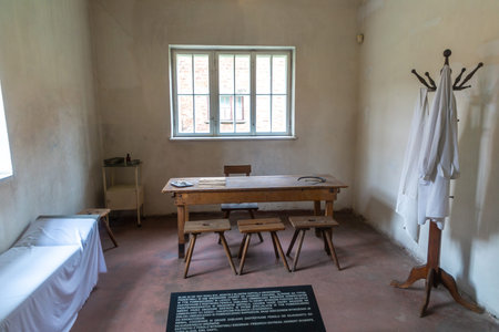 OSWIECIM, POLAND - SEPTEMBER 7, 2022: Interior of Auschwitz concentration camp in a sunny day,...