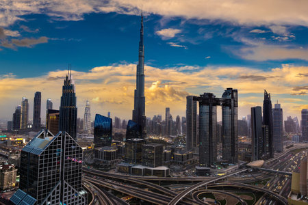 Panoramic Aerial view of downtown Dubai in a summer night, United Arab Emiratesの写真素材
