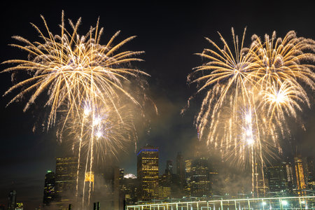 Fireworks over New York city skyline, USAのeditorial素材