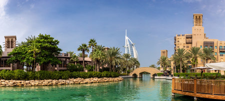 DUBAI, UNITED ARAB EMIRATES - JANUARY 31, 2020: Panorama of View at Burj Al arab hotel from Madinat Jumeirah luxury hotel in a sunny day in Dubai, United Arab Emiratesのeditorial素材