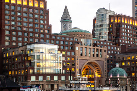 Panoramic view of Boston cityscape at night, USAの写真素材