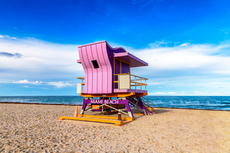 Lifeguard tower in South beach, Miami Beach in a sunny day, Floridaの写真素材