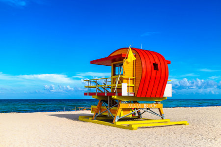 Lifeguard tower in South beach, Miami Beach in a sunny day, Floridaの写真素材