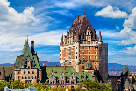 Panoramic view of Frontenac Castle (Fairmont Le Chateau Frontenac) in Old Quebec City, Canadaの写真素材