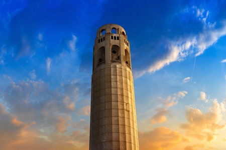 Coit Tower in San Francisco at sunset, California, USAの写真素材