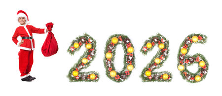 Smiling Child Boy Dressed as Santa Claus Holding a red Sack Beside Christmas New Year 2026 Evergreen...