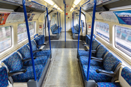 LONDON, UK - AUGUST 25, 2024: Empty London Underground 1995 Stock Northern line carriage interior...