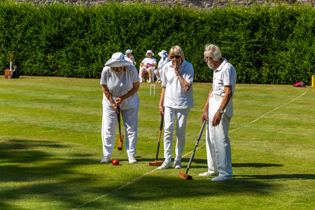 WELLS, UK - AUGUST 16, 2024: Group of senior croquet players enjoying a sunny day near historic...