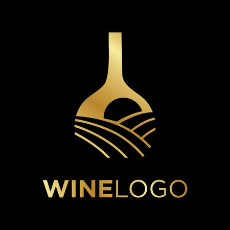 gold wine bottle with vineyard sunset insideのイラスト素材