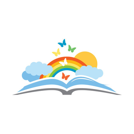 rainbow book and colorful butterfliesのイラスト素材