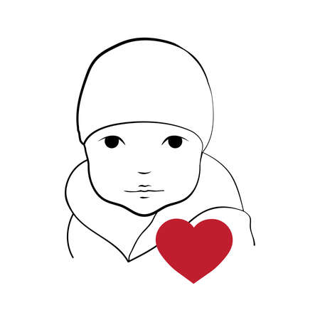 baby child in winter outfit with huge red heartのイラスト素材