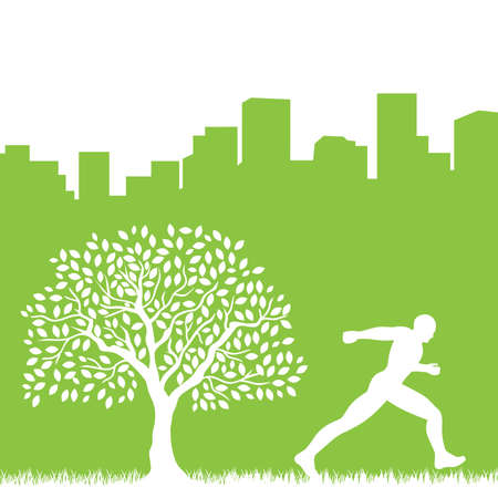 runing human figure, tree and cityのイラスト素材