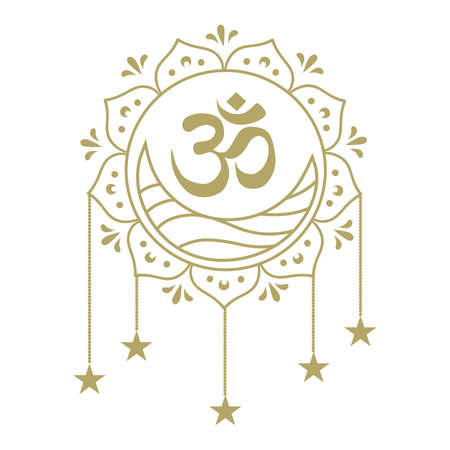 Golden OM symbol, sun, moon and stars, vectorのイラスト素材