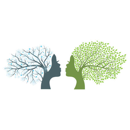 winter and summer, beautiful trees with female facesのイラスト素材