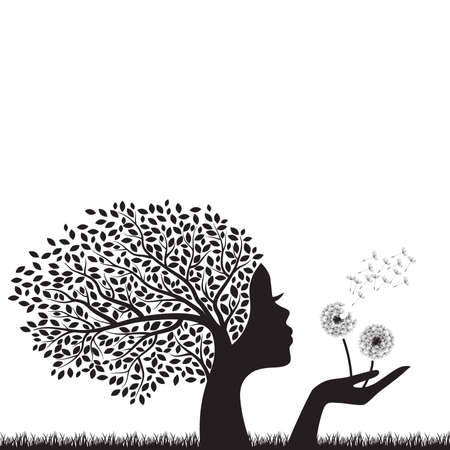 tree with female face holding dandelion flowersのイラスト素材