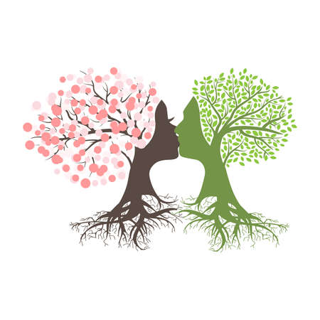 spring and summer kiss, trees with human facesのイラスト素材