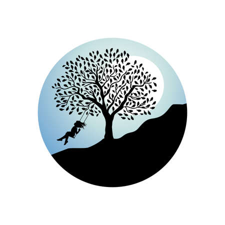 Girl on the big tree swing,のイラスト素材