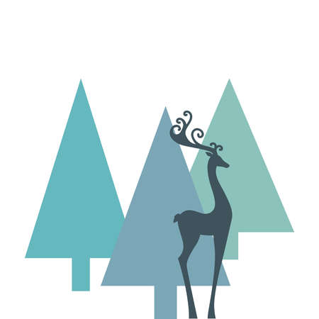 pine trees and deer, vector graphic design elementのイラスト素材