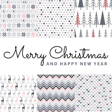 Typography: Marry Christmas and Happy New Year  with gray and pink deer, snowflake, pine tree, dot, arrow and chevron patternsのイラスト素材