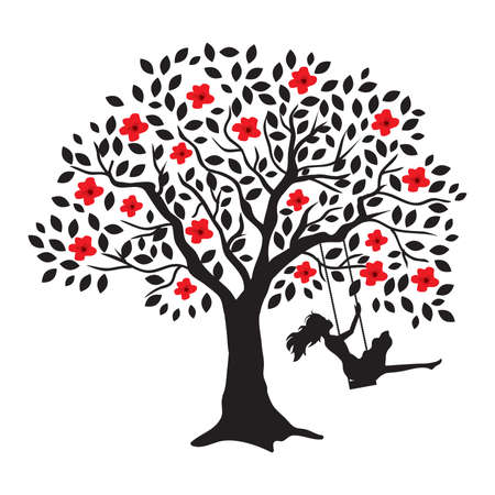 young woman and blooming tree swing, vectorのイラスト素材