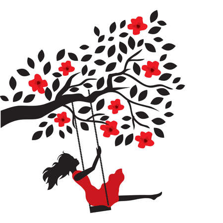 young woman and blooming tree swing, vectorのイラスト素材