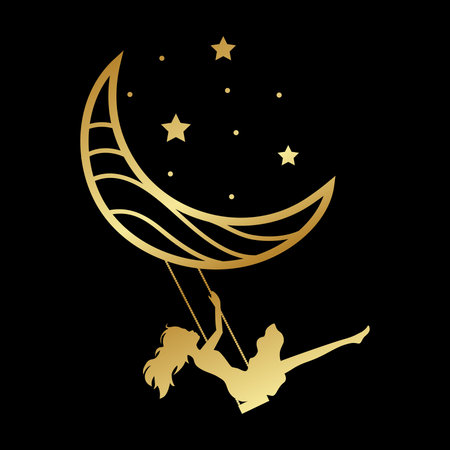 young woman, moon swing and stars, vectorのイラスト素材