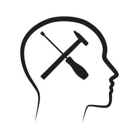 crossed screwdriver and hammer inside human headのイラスト素材