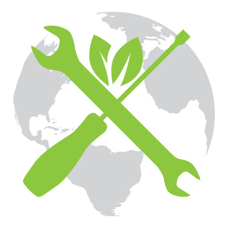 Crossed screwdriver and wrench tool with green leaves in front of planet Earthのイラスト素材