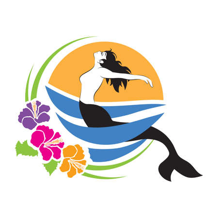 quirky mermaid, hibiscus flowers, ocean waves and sunのイラスト素材