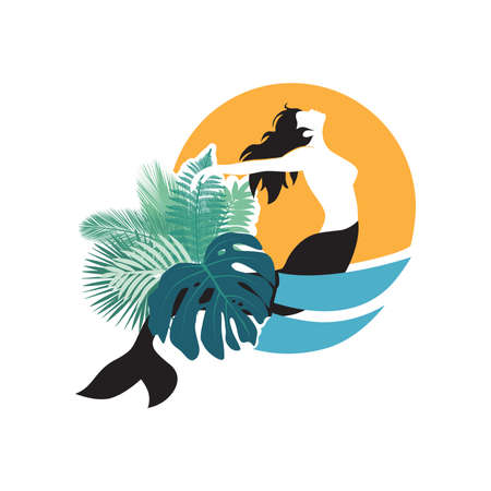 mermaid, tropical leaves, ocean waves and sunのイラスト素材
