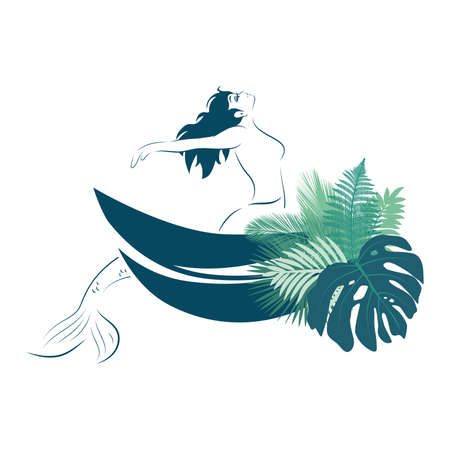 mermaid, tropical leaves and ocean waves , vector graphic design elementのイラスト素材