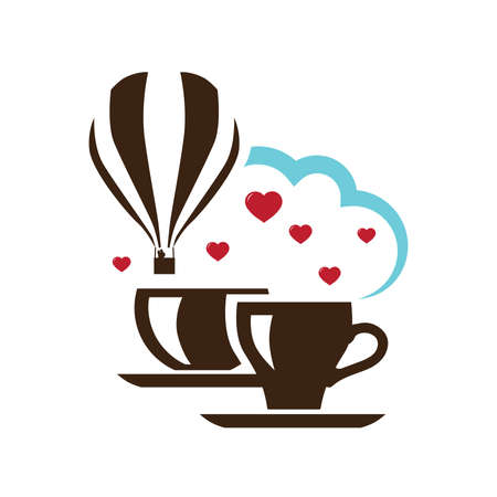 cups of coffee, hot air balloon, cloud and red heartsのイラスト素材