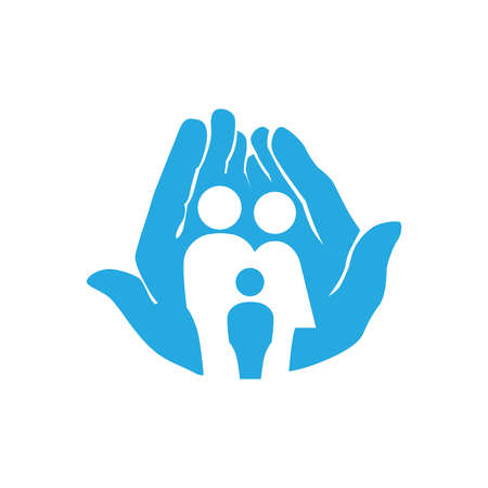 blue hands holding miniature human familyのイラスト素材