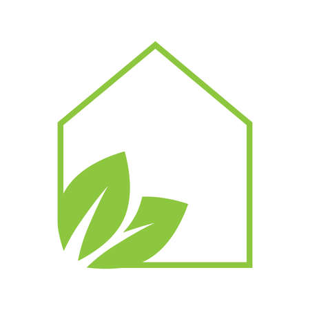 simple house shape with two green leavesのイラスト素材