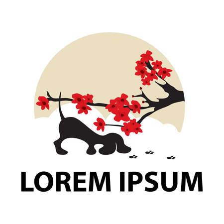 blooming tree branch and little dog tracing paws trail, vectorのイラスト素材