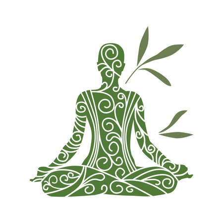 meditating person with bamboo leavesのイラスト素材