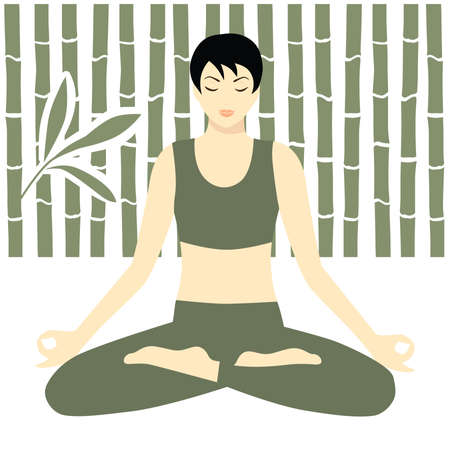 meditating person with bamboo leavesのイラスト素材