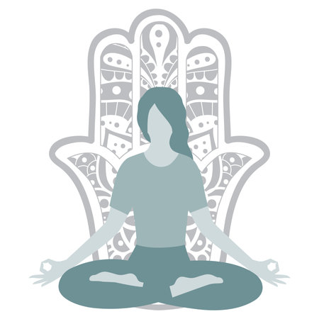 woman in yoga pose in front of hamsa handのイラスト素材