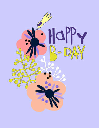 Happy B-day greeting card. Trendy design in Scandinavian style. Hand lettering and floral decoration on blue backgroundのイラスト素材