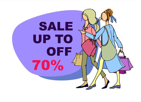 Two young women with shopping bags. Hand drawn vector illustration with sale sign in the backのイラスト素材